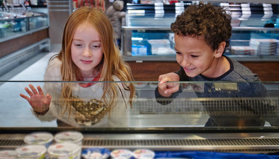 a boy and girl browse supermarket wares
