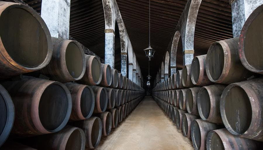 Stacked wine barrels