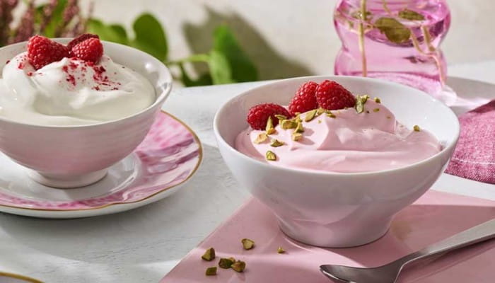 Yogurt white and pink with berries